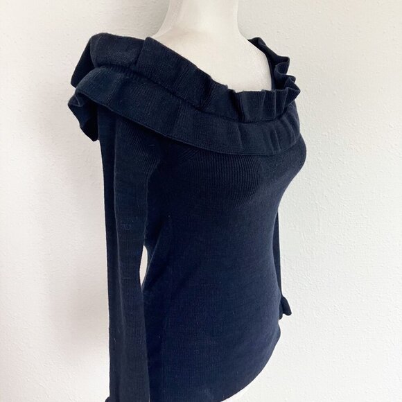 NWT White House Black Market Off the Shoulder Ruffle Navy blue Black sweater - Picture 7 of 12
